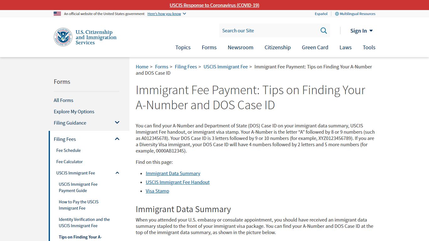 Immigrant Fee Payment: Tips on Finding Your A-Number and DOS ... - USCIS